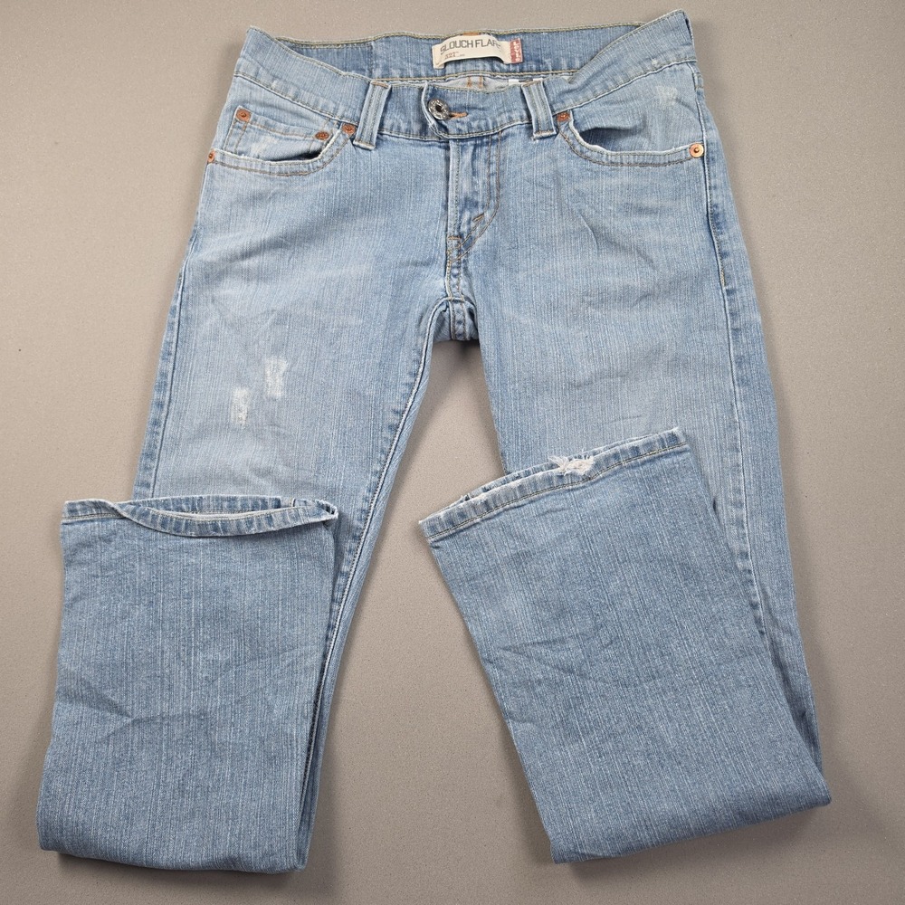 Y2K Levis 527 Slouch Flare Jeans Juniors 9M Low Rise Distressed Light Wash Denim